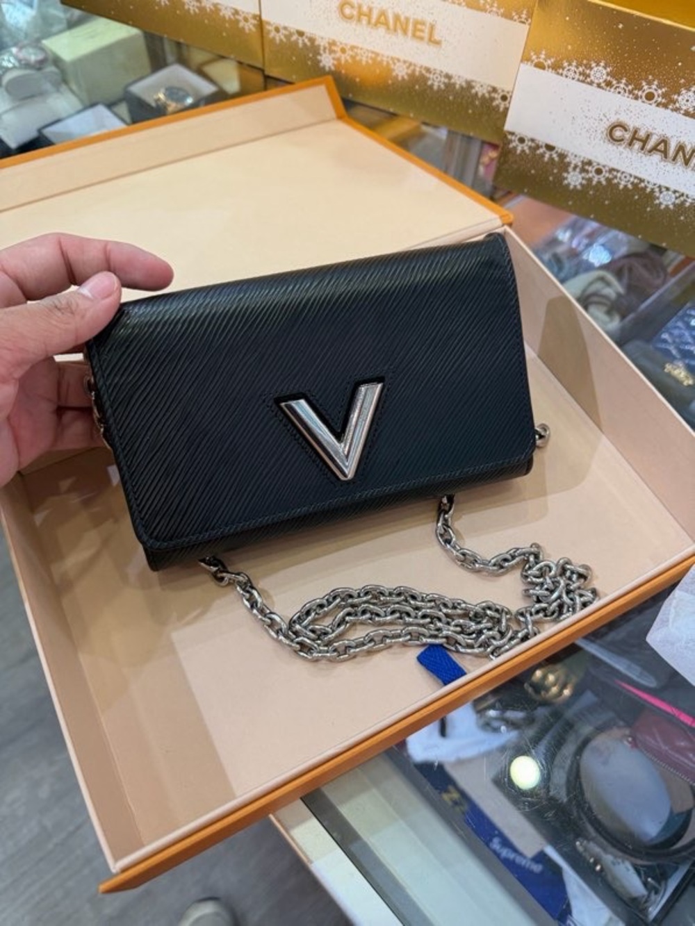 Louis Vuitton Black V-Accent Chain Crossbody Bag